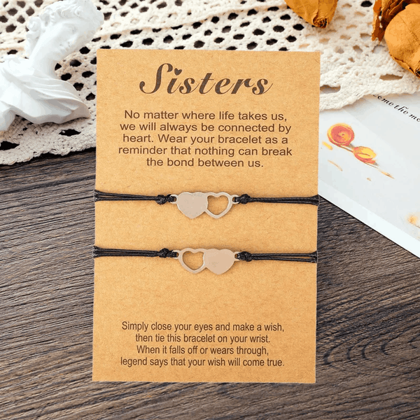 Adjustable Sisters Heart Wish Bracelets with Presentation Card - Black