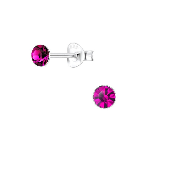 Teen/Adult Sterling Silver Fuchsia Round Crystal Stud Earrings