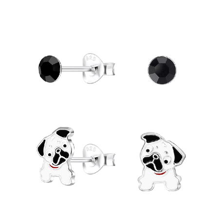 Children's Sterling Silver Set of 3 Pairs of 'Love My Dog' Stud and Hoop Earrings