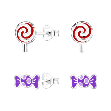 Children's Sterling Silver Set of 3 Pairs of Christmas Holiday Themed Stud Earrings