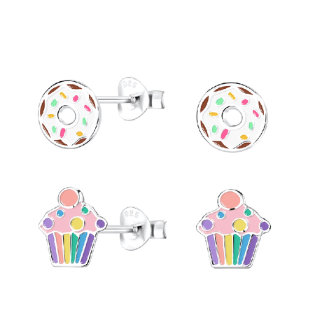 Children's Sterling Silver Set of 2 Pairs of Panda and Pink Crystal Stud Earrings