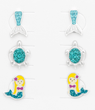 Children's Sterling Silver Set of 3 Pairs of Mermaid Themed Stud Earrings