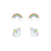 Children's Sterling Silver Set of 2 Pairs of Sparkle Rainbow and Flying Unicorn Stud Earrings