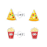 Children's Sterling Silver Set of 2 Pairs of Pizza Slice and Popcorn Stud Earrings