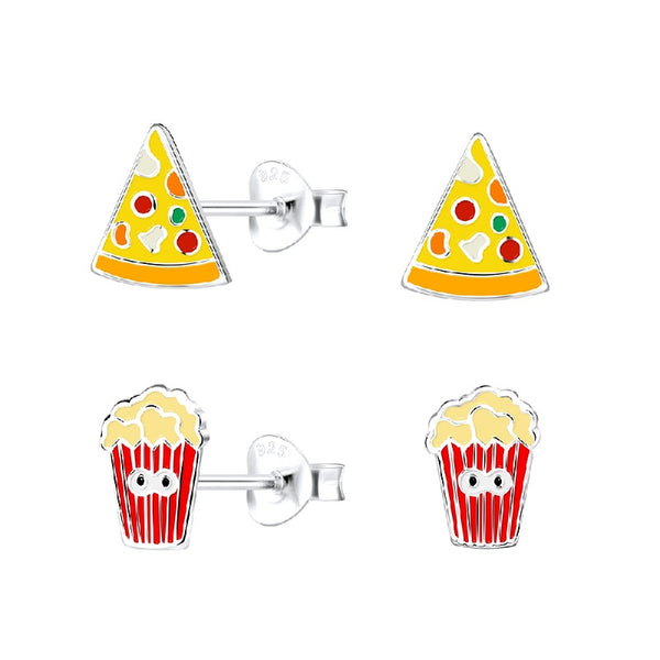 Children's Sterling Silver Set of 2 Pairs of Pizza Slice and Popcorn Stud Earrings