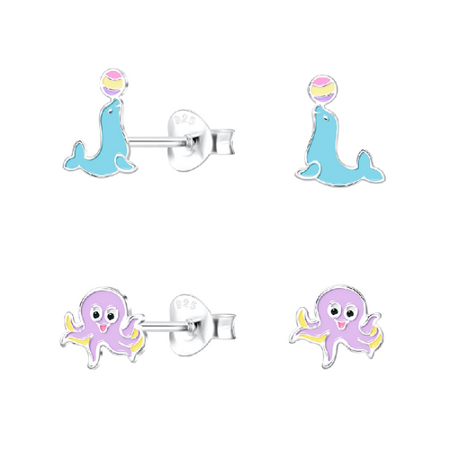 Children's Sterling Silver Set of 2 Pairs of Sealion and Octopus Stud Earrings