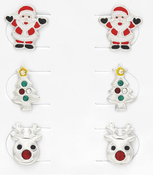 Children's Sterling Silver Set of 3 Pairs of 'Christmas Fun' Themed Stud Earrings