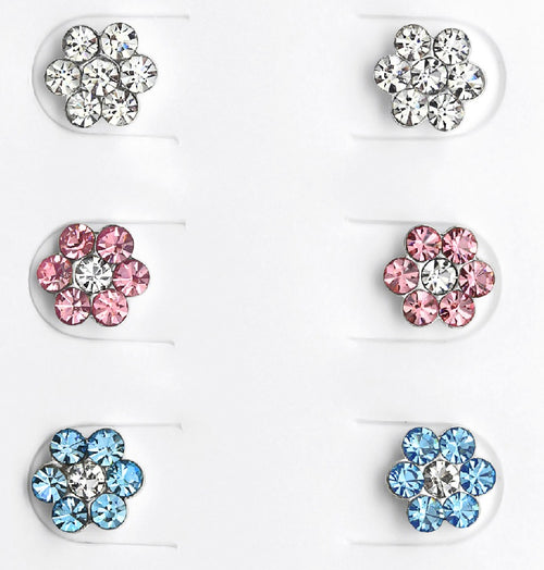 Children's Sterling Silver Set of 3 Pairs of Crystal Flower Stud Earrings