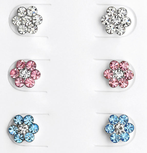 Children's Sterling Silver Set of 3 Pairs of Crystal Flower Stud Earrings