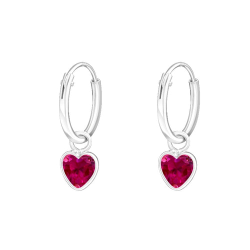 Children's Sterling Silver 'Ruby Corundum Pink Crystal Heart' Hoop Earrings