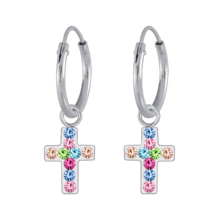 Children's Sterling Silver 'Colourful Crystal Cross' Stud Earrings