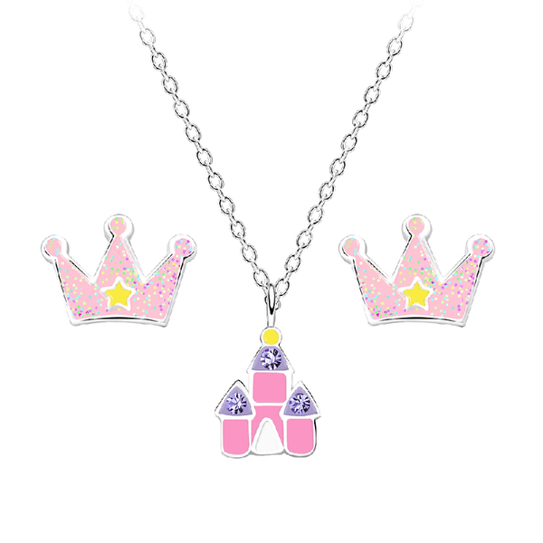 Children's Sterling Silver Fairy Castle Crystal Pendant Necklace and Glitter Crown Stud Earrings Set