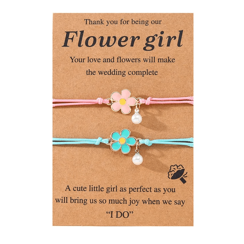 Adjustable FLOWER GIRL Wish Bracelets with Presentation Card Pink Turquoise Liberty Charms