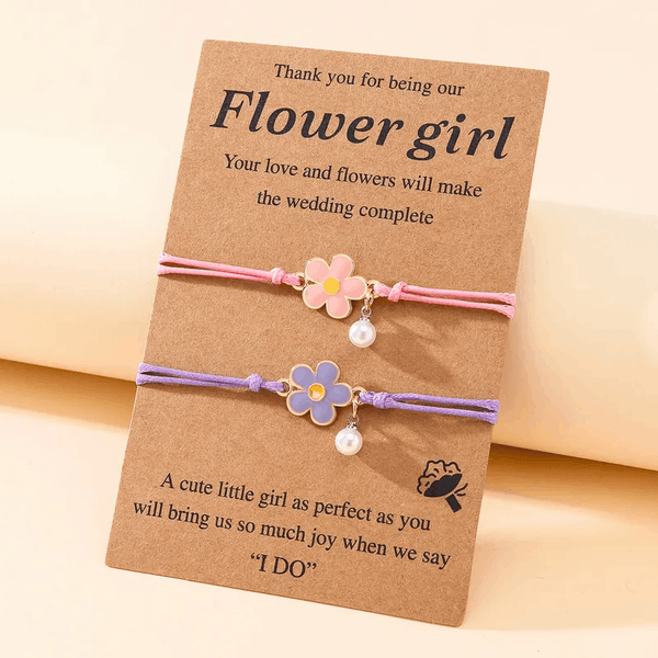 Children's 'Two Adjustable Flower Girl  Wish Bracelets/ Friendship Bracelets' with Presentation Card - Pink and Purple
