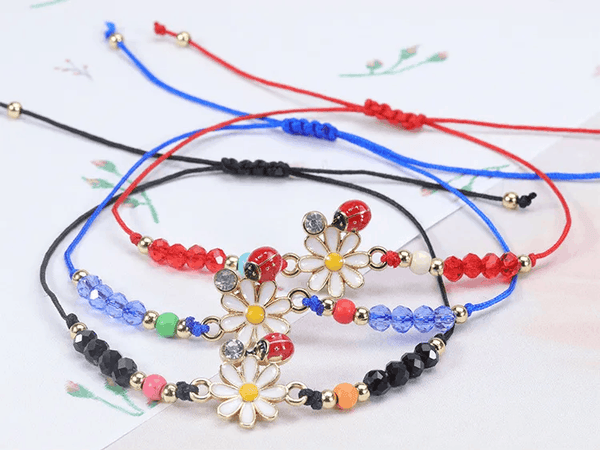 Set of 12 Children's Adjustable 'Flower and Ladybird' Wish Bracelets / Friendship Bracelets