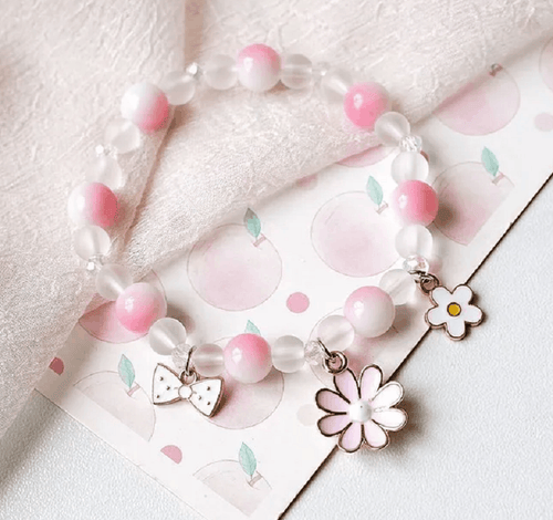 Children's 'Pink and White Flowers' Stretch Bead Bracelet