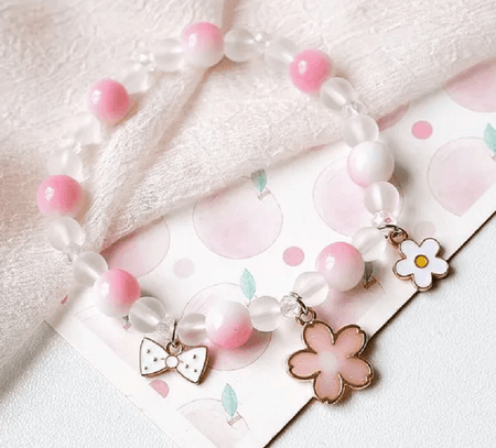 Children's Adjustable 'Pink Flower Girl' Silver Plated Charm Bead Bracelet