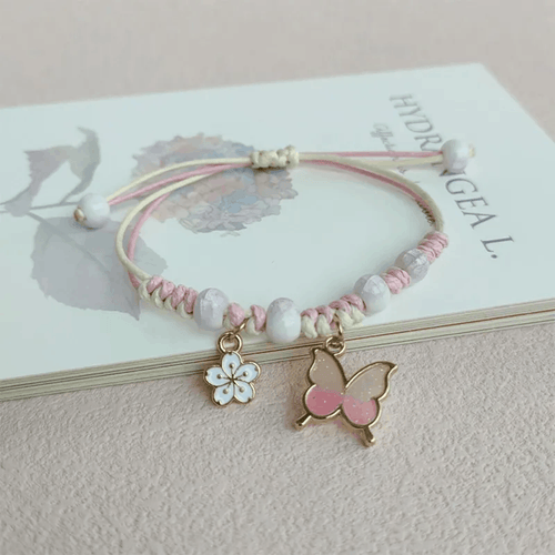 Children's Adjustable Pink Butterfly and Flower Wish Bracelet / Friendship Bracelet