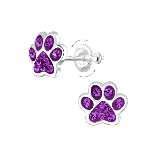 Children's Sterling Silver 'Amethyst Purple Crystal Paw' Screw Back Stud Earrings