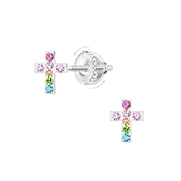 Children's Sterling Silver 'Multicoloured Crystal Cross' Screw Back Stud Earrings