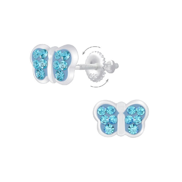 Children's Sterling Silver Blue Crystal Butterfly Screw Back Stud Earrings