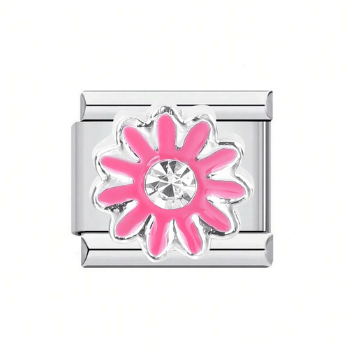 Stainless Steel 9mm Shiny Link with 'Pink Flower with Crystal' for Italian Charm Bracelet