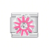 Stainless Steel 9mm Shiny Link with 'Pink Flower with Crystal' for Italian Charm Bracelet