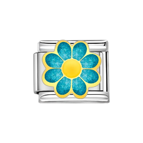 Stainless Steel 9mm Shiny Link with Blue Flower for Italian Charm Bracelet