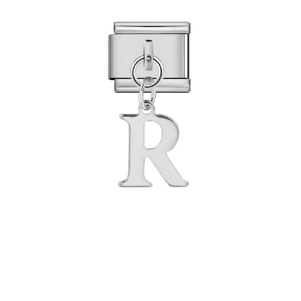 Stainless Steel 9mm Shiny Link with Dangling Letter R for Italian Charm Bracelet