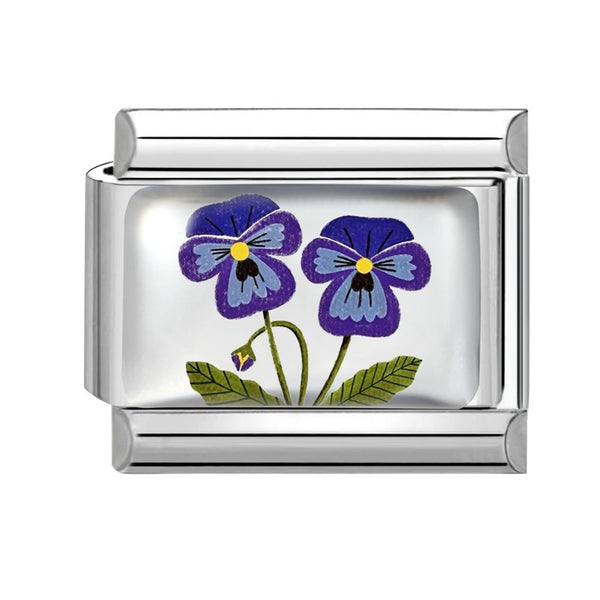 Stainless Steel 9mm Shiny Purple Pansies Flower Link for Italian Charm Bracelet