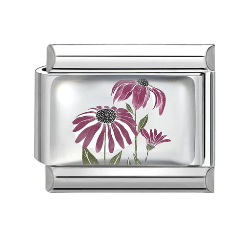 Stainless Steel 9mm Shiny Purple Flowers Link for Italian Charm Bracelet