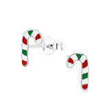 Children's Sterling Silver Christmas Red, White and Green Candy Cane Stud Earrings
