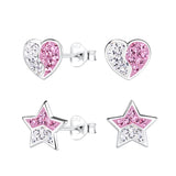 Children's Sterling Silver Set of 2 Pairs of Crystal Heart and Crystal Star Stud Earrings