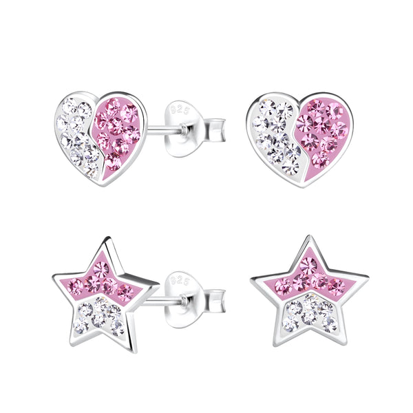 Children's Sterling Silver Set of 2 Pairs of Crystal Heart and Crystal Star Stud Earrings