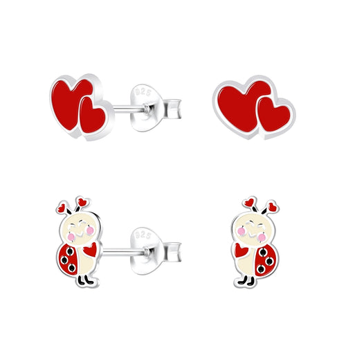Children's Sterling Silver Set of 2 Pairs of Love Bug Themed Stud Earrings