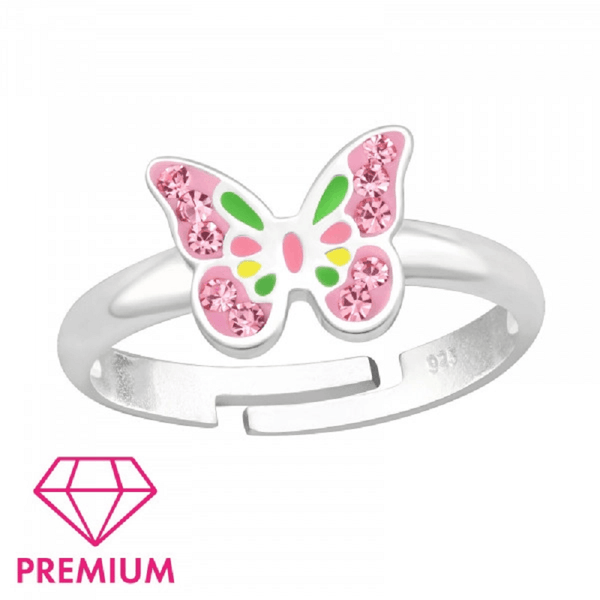 Children's Sterling Silver Adjustable 'Pink Diamante Colourful Butterfly' Ring