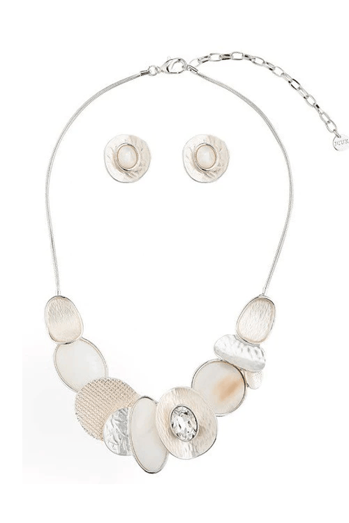 Adult's Silver and Cream Curvy Discs Necklace and Earrings Set