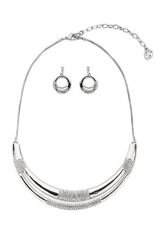 Adult's Silver Tubes Double Row Necklace and Earrings Set
