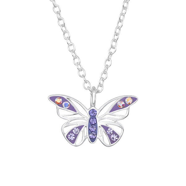 Children's Sterling Silver 'Purple Crystal Butterfly' Pendant Necklace