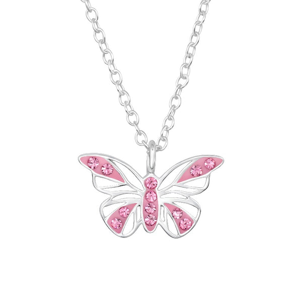 Children's Sterling Silver 'Pink Crystal Butterfly' Pendant Necklace