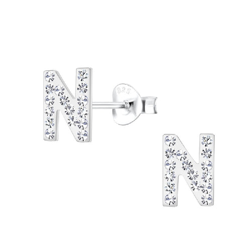 Children's Sterling Silver 'Letter N' Crystal Stud Earrings