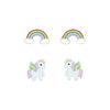 Children's Sterling Silver Set of 2 Pairs of Sparkle Rainbow and Flying Unicorn Stud Earrings