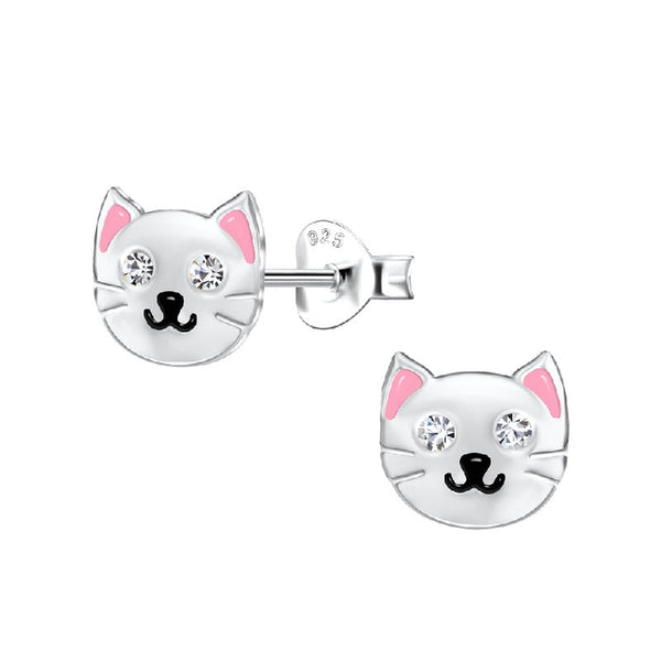 Children's Sterling Silver Cat with Crystal Eyes Stud Earrings