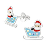 Children's Sterling Silver Christmas Santa Claus in Sleigh Stud Earrings