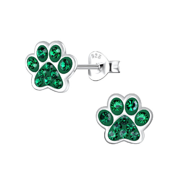 Children's Sterling Silver 'Emerald Green Sparkle Paw' Crystal Stud Earrings