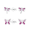 Children's Sterling Silver Set of 2 Pairs of Dragonfly and Butterfly Crystal Stud Earrings