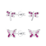 Children's Sterling Silver Set of 2 Pairs of Dragonfly and Butterfly Crystal Stud Earrings