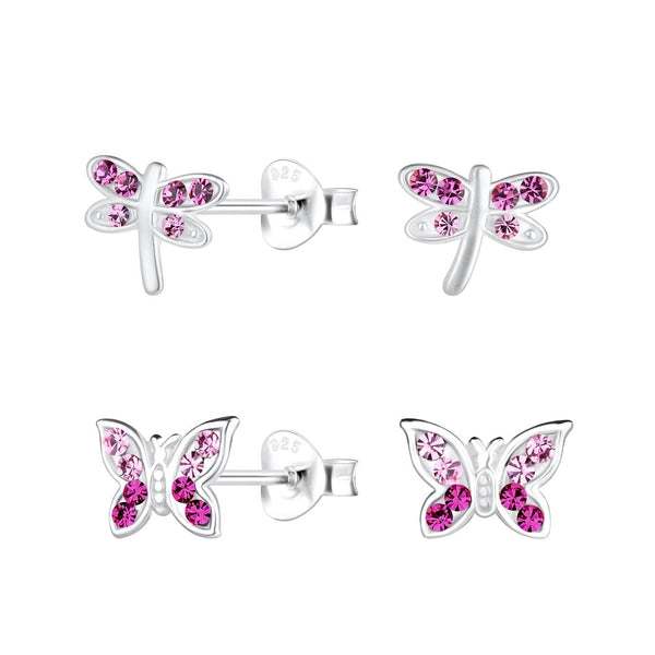Children's Sterling Silver Set of 2 Pairs of Dragonfly and Butterfly Crystal Stud Earrings