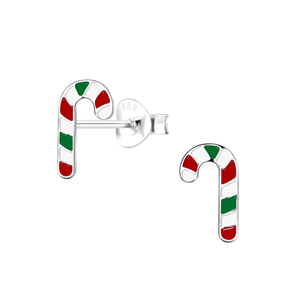 Children's Sterling Silver Christmas Red, White and Green Candy Cane Stud Earrings