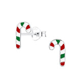 Children's Sterling Silver Christmas Red, White and Green Candy Cane Stud Earrings